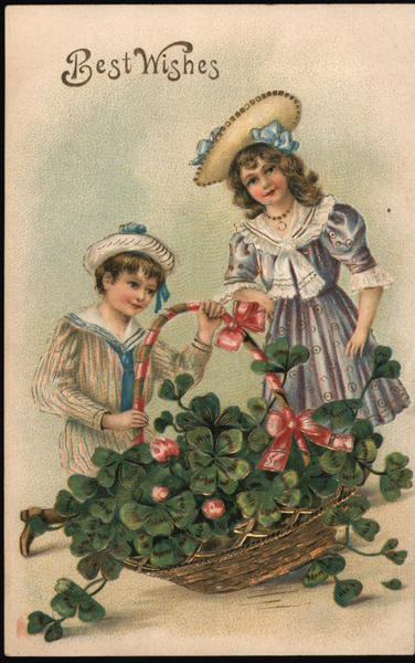 Best Wishes - Children and Four Leaf Clovers Greetings