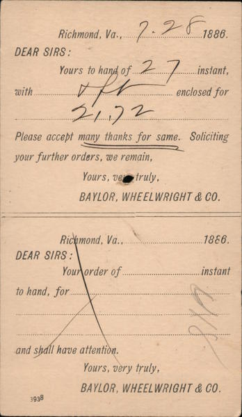 Receipt from Baylor, Wheelwright & Co. Postal Cards & Correspondence