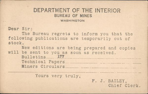 Department of the Interior - Bureau of Mines Washington District of Columbia