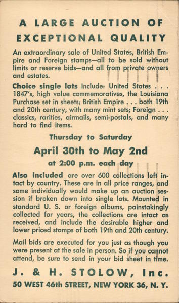 Stamp Auction Notice, J. & H. Stolow, Inc. New York