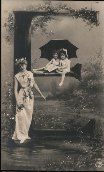 The letter E with a woman and children under and umbrella