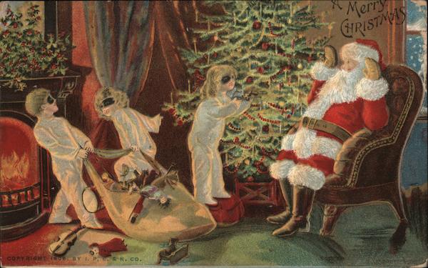 A Merry Christmas - Children Helping Santa with Presents