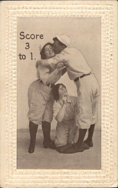 Score 3 to 1. Man hugging woman standing with woman kneeling, sport uniforms