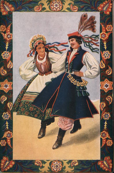 Polish Painting of Couple Dancing in Traditional Dress, Bordered by gloral pattern