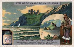 Spanish castle, island and man playing bagpipe Trade Card