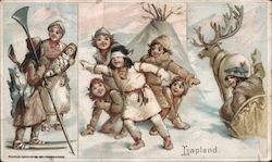 Wintery Lapland Painting of Families Playing Games Trade Card