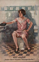 Woman on toilet listening to Radio Postcard