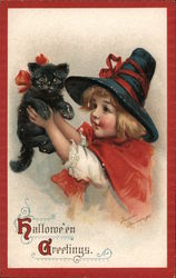 Halloween Greetings -- Girl Holding Black Cat Postcard