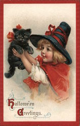 Hallowe'en Greetings -- Girl Holding Black Cat Halloween Frances Brundage Postcard Postcard Postcard