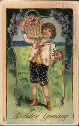 Birthday Greeting - Boy Holding Basket of Flowers Postcard
