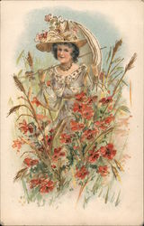 Older Woman with big Hat in Flowers Postcard