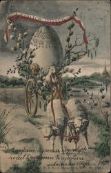 Lambs Pulling an Easter Egg Wagon Postcard