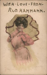 Blushing woman in pink with parasol Hand Colored Postcard