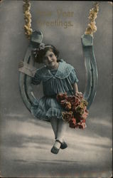 New Year Greetings - Girl Sitting on Horseshoe Postcard