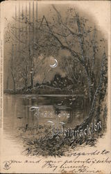 German Nighttime Christmas lake scene Postcard