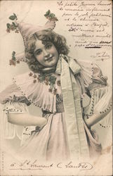 young girl in party dress and hat, beige and pink Postcard