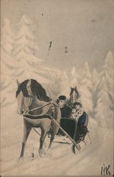 Horse Sleigh in Snow Horse-Drawn Postcard Postcard Postcard