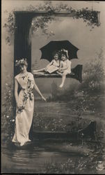 The letter E with a woman and children under and umbrella Postcard