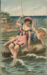 Women Fishing on a Rock Victorian Bathing Beauties Postcard