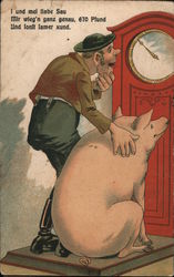 Man and Pig observing Clock Pigs Postcard Postcard Postcard