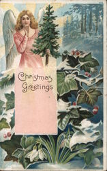 Christmas Greetings - Angel Holding Pine Tree Postcard