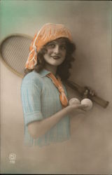 Art Deco Woman With Tennis Racket and Balls Postcard Postcard Postcard