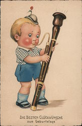 Pink-Cheeked Boy Playing Bassoon, Cartoon Illustration - Birthday sentiments in German Postcard