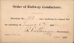 Order of Railway Conductors Postal Card, Meeting Report Form R1 Postcard