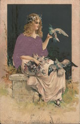 Woman with Flowers and Birds Postcard
