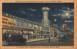 Boulevard and Amusements at Night Revere Beach, MA Postcard Postcard Postcard