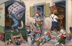 Anthropomorphic Cats Loading A Truck Postcard