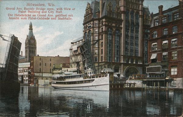 Grand Ave. Bascule Bridge Open, With View of Pabst Building and City Hall Milwaukee Wisconsin