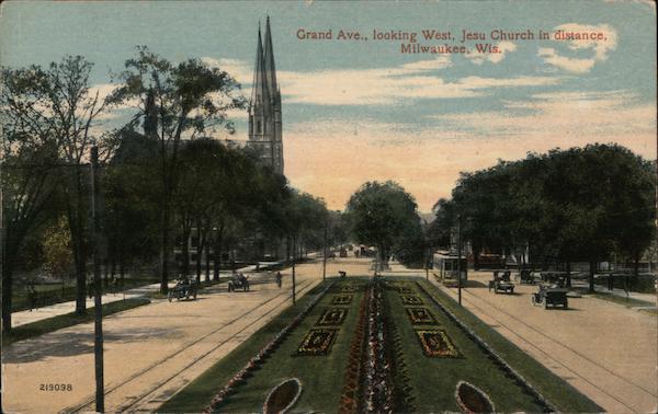 Grand Avenue, looking West, Jesus Church in distance Milwaukee Wisconsin