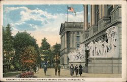 Entrance To The State Capitol, Showing Barnard Statues Postcard
