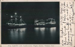 Ship Cabrillo and Auditorium, Night Scene Postcard