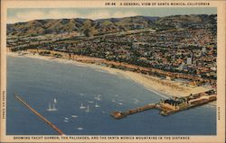 A General View of Santa Monica Showing Yacht Harbor, The Pallisades, and the Santa Monica Mountains in the Distance. Postcard