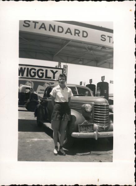 Young Woman with Car at Standard Oil Gas Station 1941