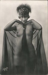 Charming retro naked beauty in transparent black cloak Postcard