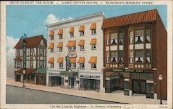 Blue Parrot Tea Room, James Gettys Hotel, Blocher's Jewelry Store Postcard