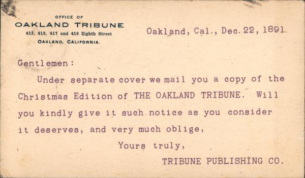 Office of Oakland Tribune Correspondence Card California