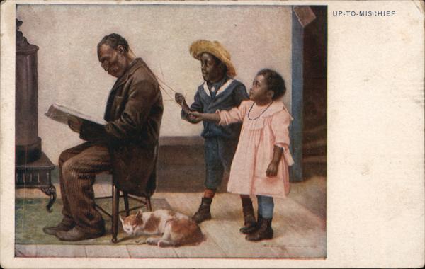 Up To Mischief - Children Bothering Man Reading Black Americana