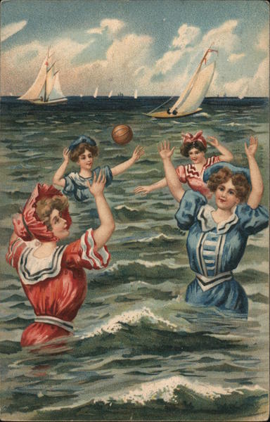 Four Women Playing Volleyball At Sea Sailboats in Background