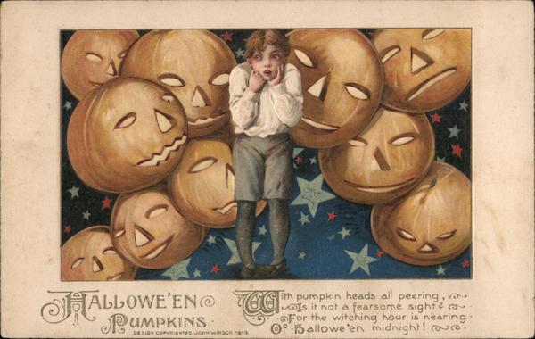 Hallowe'en Pumpkins With Pumpkin Heads All Peering, Is It Not A Fearsome Sight?