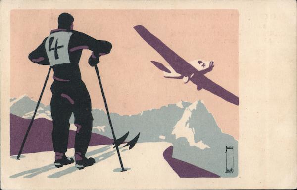 Art Deco Racing Skier at Top of Hill: Flug um die Zugspitze