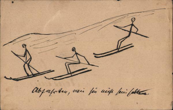 Hand Drawing of Stick Figure Skiers Hand Drawn