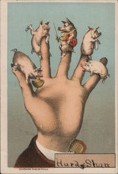 Five little pigs sitting on a man's fingers Trade Card