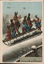 Bunnies Riding on Sled Trade Card
