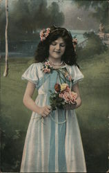 Girl Holding Roses Postcard