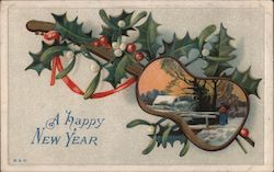 A Happy New Year - Guitar with scene and holly Postcard