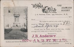 Winna Mills Fine Seamless Hosiery J.A. Simonds, Treas., 1955 Park Ave. N.Y. Soldiers and Sailors Monument New York City, NY Adve Postcard